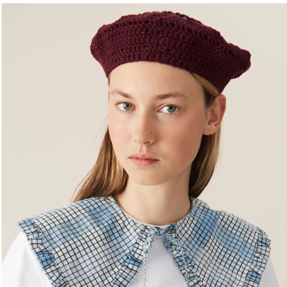 Ganni burgundy cotton crocheted knit beret embellished silver rings